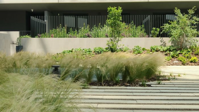 Corte verde aperta al pubblico e, sullo sfondo, la quinta vegetale offerta dai giardini privati, a Feel Uptown