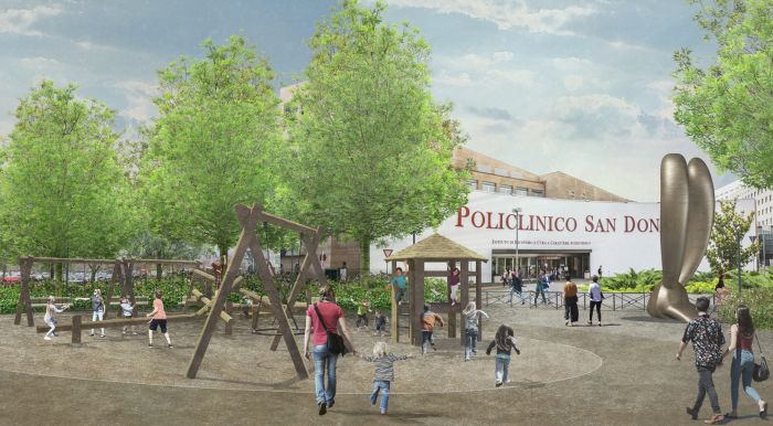 Render of the play area in front of the San Donato Polyclinic