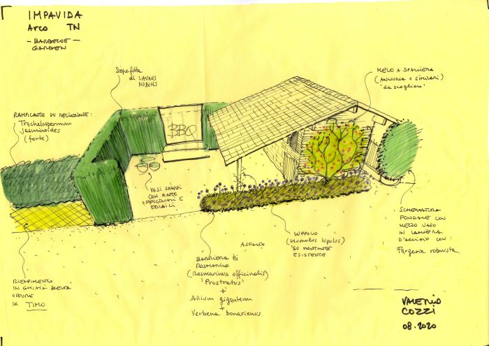 Impavida: plant design for the bbq area, sketch by Valerio Cozzi