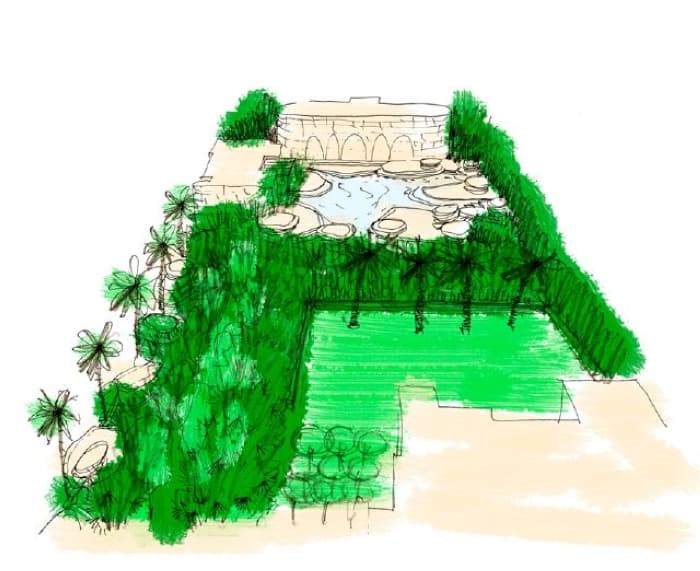 Sketch di un giardino privato ispirato alla tradizione formale italiana a Riyadh