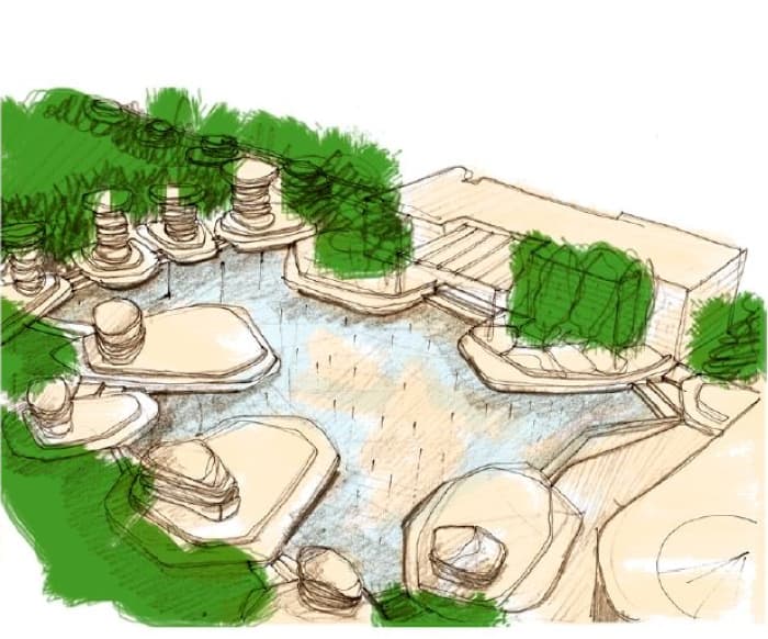 Sketch del bacino con colonne di roccia per un giardino privato in Arabia Saudita