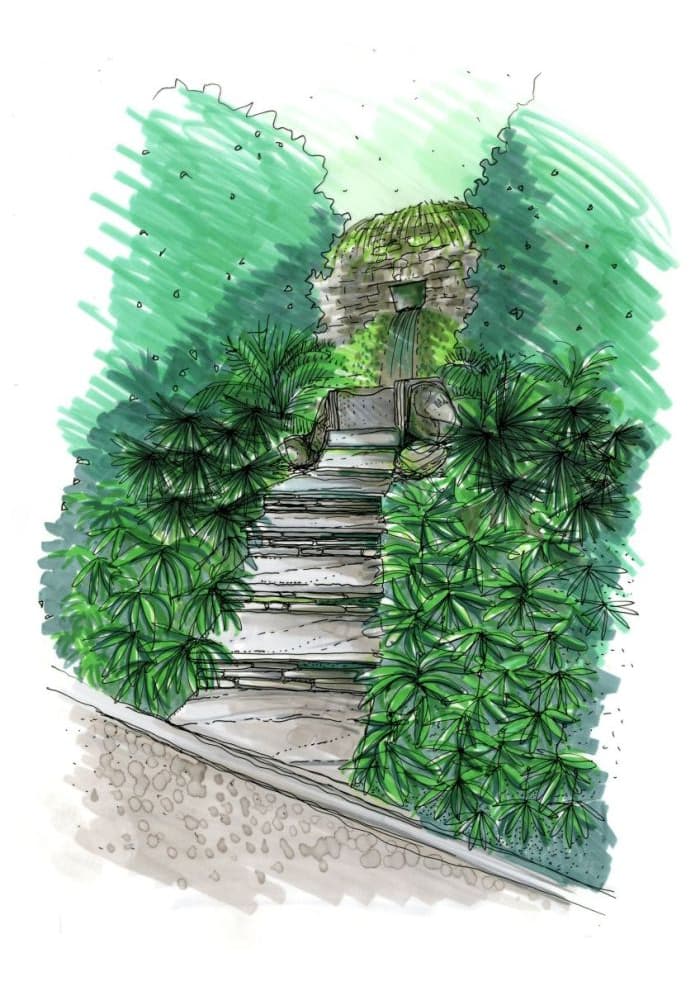 Sketch illustrating the renovation intent for the fountain staircase of Villa Monastero in Varenna. Drawing by landscape architect Valerio Cozzi
